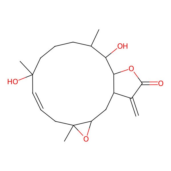 2D Structure of (1R,3S,5S,7Z,9R,13S,14R,15S)-9,14-dihydroxy-5,9,13-trimethyl-18-methylidene-4,16-dioxatricyclo[13.3.0.03,5]octadec-7-en-17-one