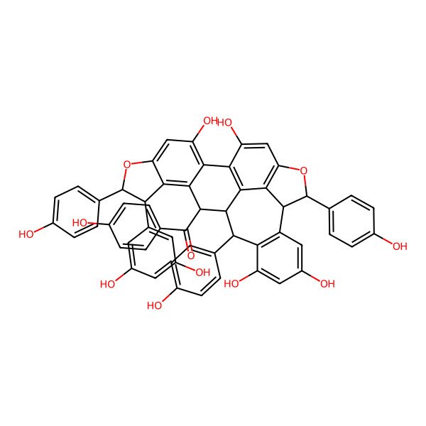 2D Structure of [5-(3,5-Dihydroxyphenyl)-10,13,21,23-tetrahydroxy-6,17,25-tris(4-hydroxyphenyl)-7,16-dioxaheptacyclo[13.10.2.03,11.04,8.012,26.018,27.019,24]heptacosa-3(11),4(8),9,12(26),13,15(27),19(24),20,22-nonaen-2-yl]-(4-hydroxyphenyl)methanone