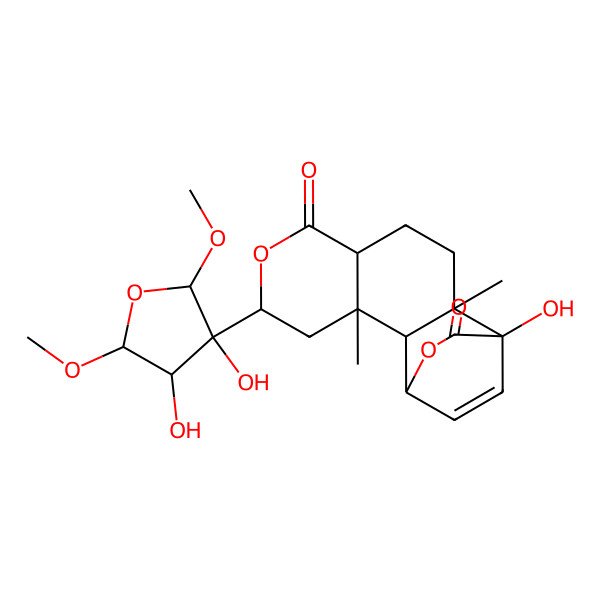 2D Structure of (1R,2S,3S,5S,8R,11R,12R)-5-[(2R,3R,4R,5R)-3,4-dihydroxy-2,5-dimethoxyoxolan-3-yl]-12-hydroxy-3,11-dimethyl-6,14-dioxatetracyclo[10.2.2.02,11.03,8]hexadec-15-ene-7,13-dione