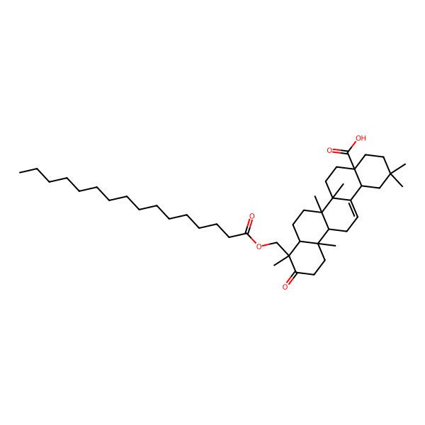 2D Structure of 9-(hexadecanoyloxymethyl)-2,2,6a,6b,9,12a-hexamethyl-10-oxo-3,4,5,6,6a,7,8,8a,11,12,13,14b-dodecahydro-1H-picene-4a-carboxylic acid 2D Structure of 9-(hexadecanoyloxymethyl)-2,2,6a,6b,9,12a-hexamethyl-10-oxo-3,4,5,6,6a,7,8,8a,11,12,13,14b-dodecahydro-1H-picene-4a-carboxylic acid