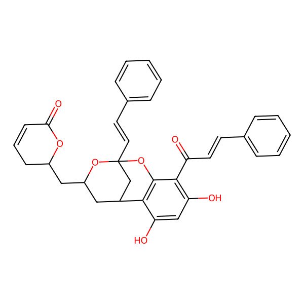 2D Structure of 2-[[3,5-Dihydroxy-9-(2-phenylethenyl)-6-(3-phenylprop-2-enoyl)-8,10-dioxatricyclo[7.3.1.02,7]trideca-2(7),3,5-trien-11-yl]methyl]-2,3-dihydropyran-6-one