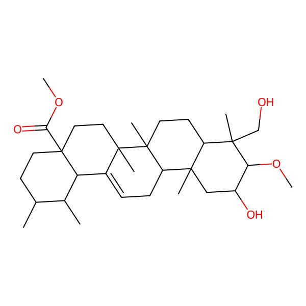 2D Structure of methyl (1S,2R,4aS,6aR,6aS,6bR,8aR,9R,10R,11R,12aR,14bS)-11-hydroxy-9-(hydroxymethyl)-10-methoxy-1,2,6a,6b,9,12a-hexamethyl-2,3,4,5,6,6a,7,8,8a,10,11,12,13,14b-tetradecahydro-1H-picene-4a-carboxylate