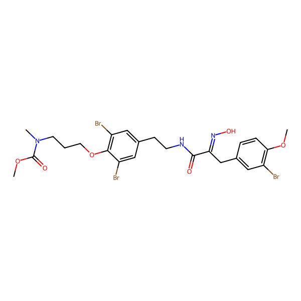 2D Structure of methyl N-[3-[2,6-dibromo-4-[2-[[3-(3-bromo-4-methoxyphenyl)-2-hydroxyiminopropanoyl]amino]ethyl]phenoxy]propyl]-N-methylcarbamate