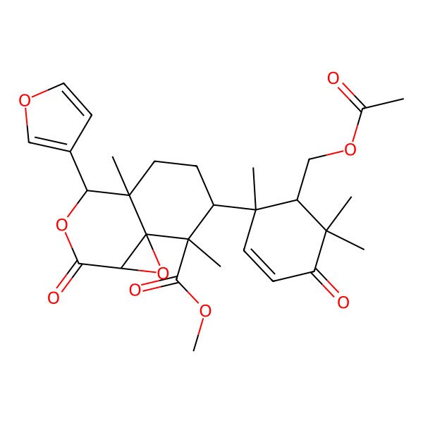 2D Structure of methyl (1aS,4S,4aS,7R,8R,8aR)-7-[(1R,6S)-6-(acetyloxymethyl)-1,5,5-trimethyl-4-oxocyclohex-2-en-1-yl]-4-(furan-3-yl)-4a,8-dimethyl-2-oxo-4,5,6,7-tetrahydro-1aH-oxireno[2,3-d]isochromene-8-carboxylate
