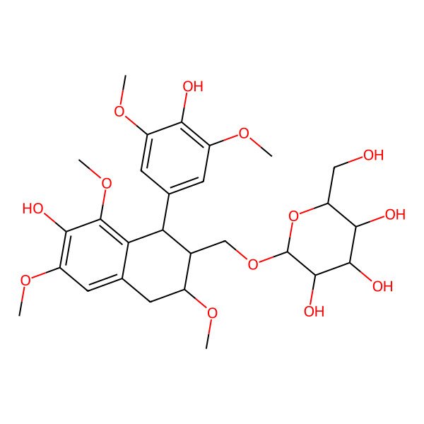 2D Structure of (2R,3R,4S,5S,6R)-2-[[(1S,2R,3R)-7-hydroxy-1-(4-hydroxy-3,5-dimethoxyphenyl)-3,6,8-trimethoxy-1,2,3,4-tetrahydronaphthalen-2-yl]methoxy]-6-(hydroxymethyl)oxane-3,4,5-triol
