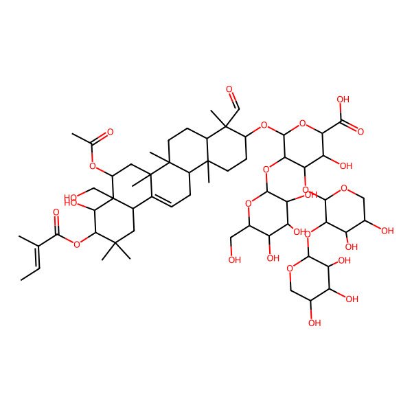 2D Structure of (2S,3S,4S,5R,6R)-6-[[(3S,4S,4aR,6aR,6bS,8R,8aS,9R,10R,12aS,14aR,14bR)-8-acetyloxy-4-formyl-9-hydroxy-8a-(hydroxymethyl)-4,6a,6b,11,11,14b-hexamethyl-10-[(Z)-2-methylbut-2-enoyl]oxy-1,2,3,4a,5,6,7,8,9,10,12,12a,14,14a-tetradecahydropicen-3-yl]oxy]-4-[(2S,3R,4S,5S)-4,5-dihydroxy-3-[(2S,3R,4S,5R)-3,4,5-trihydroxyoxan-2-yl]oxyoxan-2-yl]oxy-3-hydroxy-5-[(2S,3R,4S,5R,6R)-3,4,5-trihydroxy-6-(hydroxymethyl)oxan-2-yl]oxyoxane-2-carboxylic acid