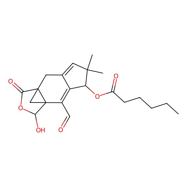 2D Structure of (2-Formyl-12-hydroxy-5,5-dimethyl-10-oxo-11-oxatetracyclo[7.3.1.01,9.03,7]trideca-2,6-dien-4-yl) hexanoate