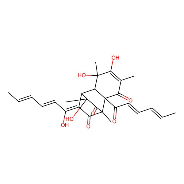 2D Structure of (1R,2S,6S,7S,8S,9S,12E)-2-[(2E,4E)-hexa-2,4-dienoyl]-5,6,9-trihydroxy-12-[(2E,4E)-1-hydroxyhexa-2,4-dienylidene]-1,4,6,9-tetramethyltricyclo[6.2.2.02,7]dodec-4-ene-3,10,11-trione