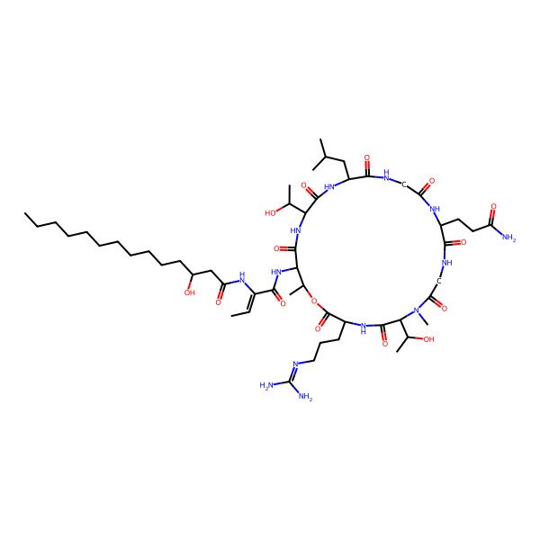 2D Structure of N-[1-[[12-(3-amino-3-oxopropyl)-3-[3-(diaminomethylideneamino)propyl]-6,21-bis(1-hydroxyethyl)-7,25-dimethyl-18-(2-methylpropyl)-2,5,8,11,14,17,20,23-octaoxo-1-oxa-4,7,10,13,16,19,22-heptazacyclopentacos-24-yl]amino]-1-oxobut-2-en-2-yl]-3-hydroxytetradecanamide