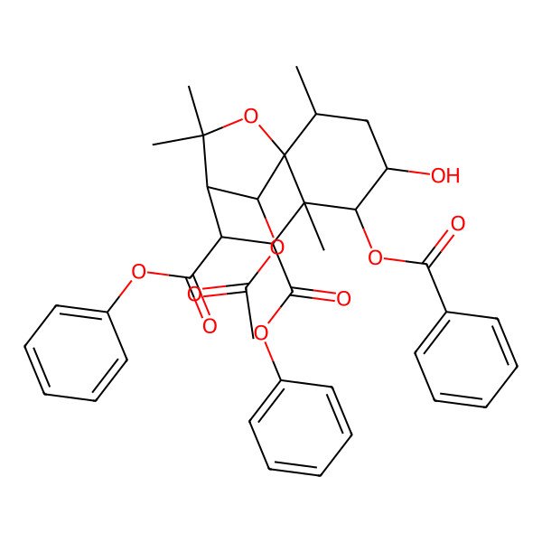2D Structure of diphenyl (1S,2R,4S,5R,6R,7R,8R,9R,12R)-12-acetyloxy-5-benzoyloxy-4-hydroxy-2,6,10,10-tetramethyl-11-oxatricyclo[7.2.1.01,6]dodecane-7,8-dicarboxylate