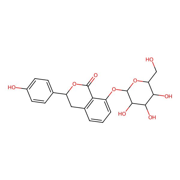 2D Structure of (3R)-3-(4-hydroxyphenyl)-8-[(2S,3R,4S,5S,6R)-3,4,5-trihydroxy-6-(hydroxymethyl)oxan-2-yl]oxy-3,4-dihydroisochromen-1-one