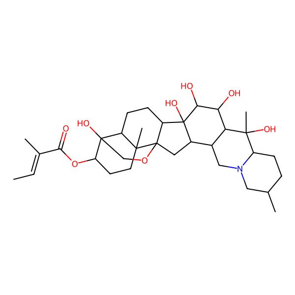 2D Structure of (1,10,24,26,27-Pentahydroxy-6,20,24-trimethyl-12-oxa-18-azaheptacyclo[13.12.0.02,13.05,10.06,13.016,25.018,23]heptacosan-9-yl) 2-methylbut-2-enoate