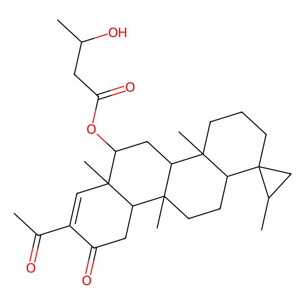 2D Structure of [(1S,2'S,4aR,4bR,6S,6aR,10aS,10bR,12aR)-8-acetyl-2',4a,6a,10b-tetramethyl-9-oxospiro[3,4,4b,5,6,10,10a,11,12,12a-decahydro-2H-chrysene-1,1'-cyclopropane]-6-yl] (3S)-3-hydroxybutanoate
