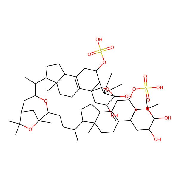 2D Structure of [(1R,5R,6R,9R,12S,13R,15R,19S)-6-[(1S)-1-[(1R,2S,4R,6R)-2-[(3R)-3-[(1R,5R,6R,9R,12S,13R,15R,19S)-15,19-dihydroxy-5,14,14-trimethyl-12-sulfooxy-16-oxapentacyclo[13.2.2.01,13.02,10.05,9]nonadec-2(10)-en-6-yl]butyl]-1,7,7-trimethyl-3,8-dioxabicyclo[4.2.1]nonan-4-yl]ethyl]-15,19-dihydroxy-5,14,14-trimethyl-16-oxapentacyclo[13.2.2.01,13.02,10.05,9]nonadec-2(10)-en-12-yl] hydrogen sulfate