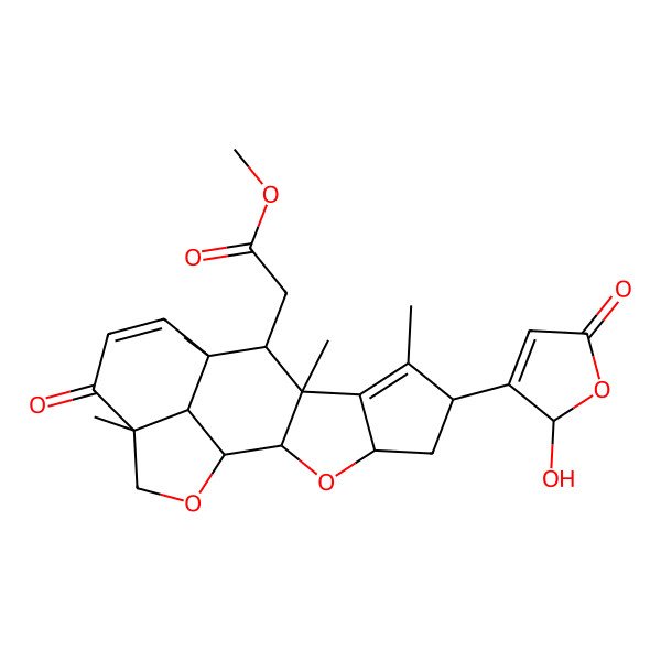 2D Structure of methyl 2-[(1S,2S,4R,6R,9R,10R,11R,15R,18R)-6-[(2R)-2-hydroxy-5-oxo-2H-furan-3-yl]-7,9,11,15-tetramethyl-14-oxo-3,17-dioxapentacyclo[9.6.1.02,9.04,8.015,18]octadeca-7,12-dien-10-yl]acetate