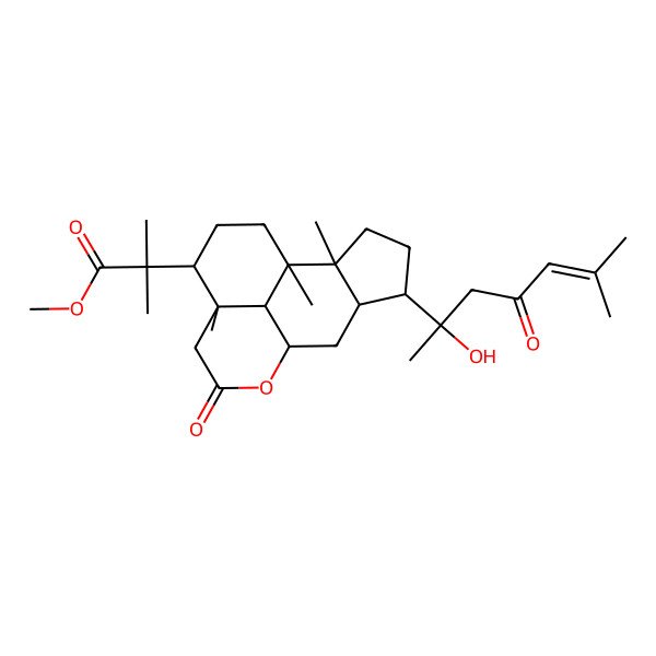 2D Structure of methyl 2-[(1R,5S,6R,9R,10R,13S,14R,16R)-13-[(2R)-2-hydroxy-6-methyl-4-oxohept-5-en-2-yl]-5,9,10-trimethyl-3-oxo-2-oxatetracyclo[7.6.1.05,16.010,14]hexadecan-6-yl]-2-methylpropanoate