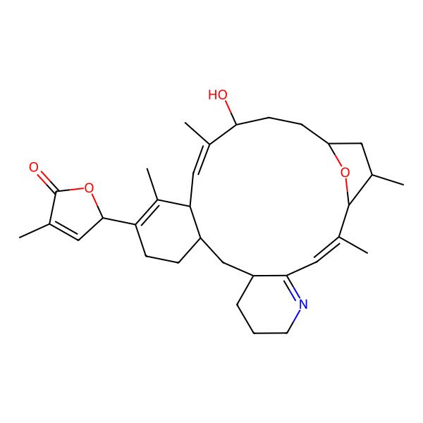 2D Structure of (2S)-2-[(1S,2E,9R,16S,17E,19S,22S,24R)-19-hydroxy-2,15,18,24-tetramethyl-25-oxa-5-azatetracyclo[20.2.1.04,9.011,16]pentacosa-2,4,14,17-tetraen-14-yl]-4-methyl-2H-furan-5-one