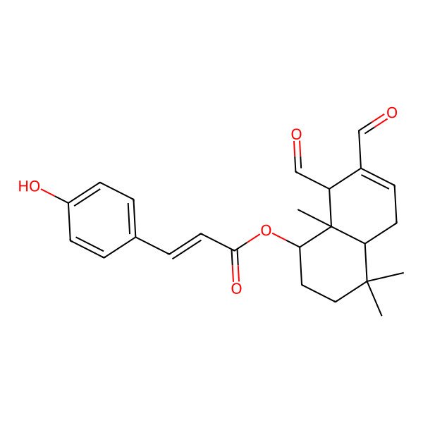 2D Structure of (7,8-Diformyl-4,4,8a-trimethyl-1,2,3,4a,5,8-hexahydronaphthalen-1-yl) 3-(4-hydroxyphenyl)prop-2-enoate