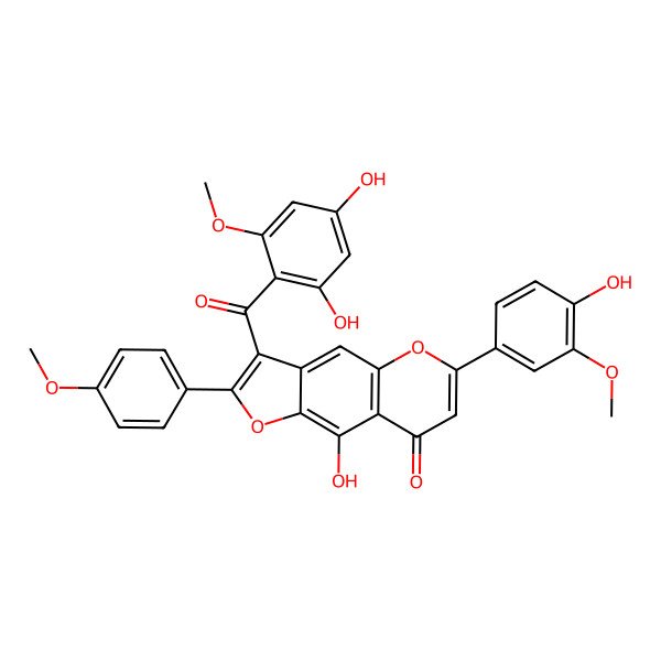 2D Structure of 3-(2,4-Dihydroxy-6-methoxybenzoyl)-9-hydroxy-6-(4-hydroxy-3-methoxyphenyl)-2-(4-methoxyphenyl)furo[2,3-g]chromen-8-one