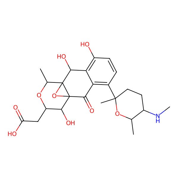 2D Structure of 2-[(9S,11R,14S)-4-[(2R,5S,6R)-2,6-dimethyl-5-(methylamino)oxan-2-yl]-7,9,14-trihydroxy-11-methyl-2-oxo-12,15-dioxatetracyclo[8.4.1.01,10.03,8]pentadeca-3,5,7-trien-13-yl]acetic acid