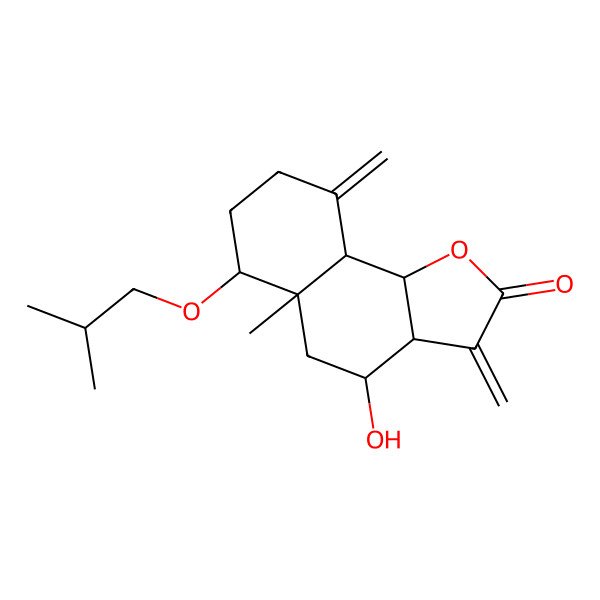 2D Structure of (3aR,4S,5aR,6S,9aS,9bR)-4-hydroxy-5a-methyl-3,9-dimethylidene-6-(2-methylpropoxy)-3a,4,5,6,7,8,9a,9b-octahydrobenzo[g][1]benzofuran-2-one