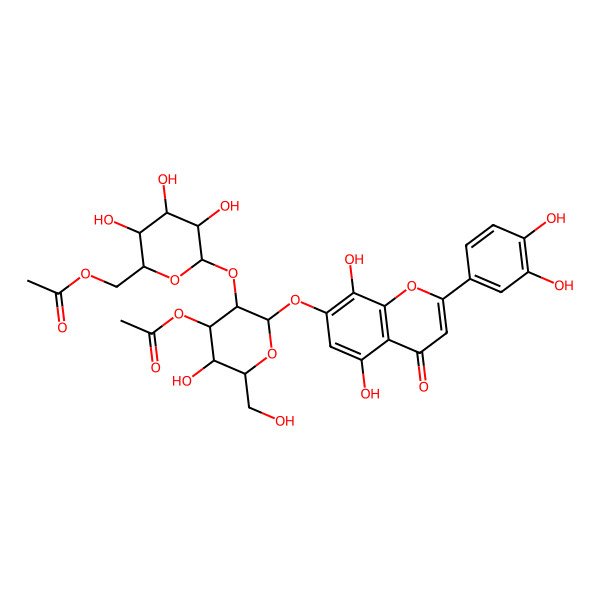 2D Structure of [(2R,3S,4S,5S,6S)-6-[(2S,3R,4S,5R,6R)-4-acetyloxy-2-[2-(3,4-dihydroxyphenyl)-5,8-dihydroxy-4-oxochromen-7-yl]oxy-5-hydroxy-6-(hydroxymethyl)oxan-3-yl]oxy-3,4,5-trihydroxyoxan-2-yl]methyl acetate