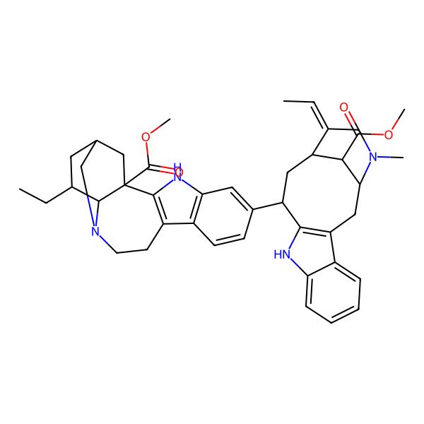2D Structure of methyl (1S,15R,17R,18S)-17-ethyl-6-[(1S,12R,14R,15E,18R)-15-ethylidene-18-methoxycarbonyl-17-methyl-10,17-diazatetracyclo[12.3.1.03,11.04,9]octadeca-3(11),4,6,8-tetraen-12-yl]-3,13-diazapentacyclo[13.3.1.02,10.04,9.013,18]nonadeca-2(10),4(9),5,7-tetraene-1-carboxylate
