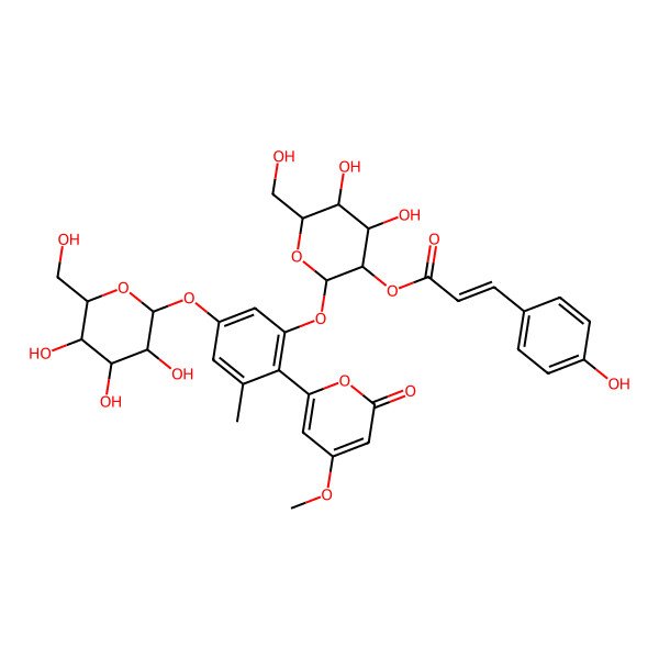 2D Structure of [(2S,3S,4R,5R,6S)-4,5-dihydroxy-6-(hydroxymethyl)-2-[2-(4-methoxy-6-oxopyran-2-yl)-3-methyl-5-[(2R,3R,4S,5S,6R)-3,4,5-trihydroxy-6-(hydroxymethyl)oxan-2-yl]oxyphenoxy]oxan-3-yl] (E)-3-(4-hydroxyphenyl)prop-2-enoate