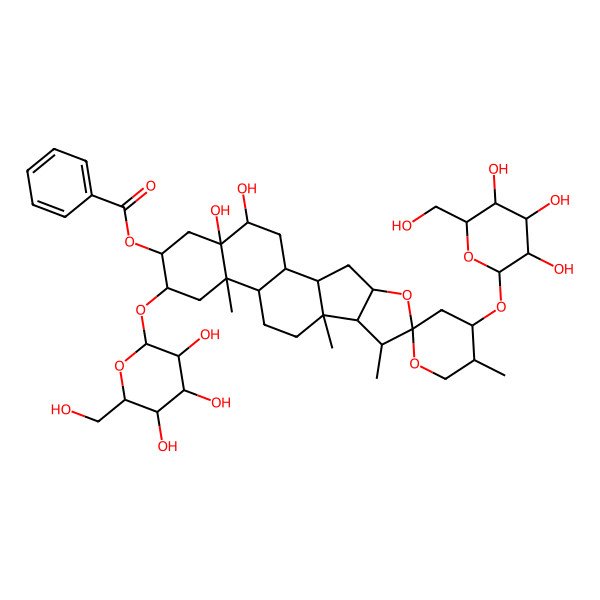 2D Structure of [(1S,2S,4S,4'S,5'S,6R,7S,8R,9S,12S,13R,15R,16R,18R,19R)-18,19-dihydroxy-5',7,9,13-tetramethyl-4',15-bis[[(2R,3R,4S,5S,6R)-3,4,5-trihydroxy-6-(hydroxymethyl)oxan-2-yl]oxy]spiro[5-oxapentacyclo[10.8.0.02,9.04,8.013,18]icosane-6,2'-oxane]-16-yl] benzoate
