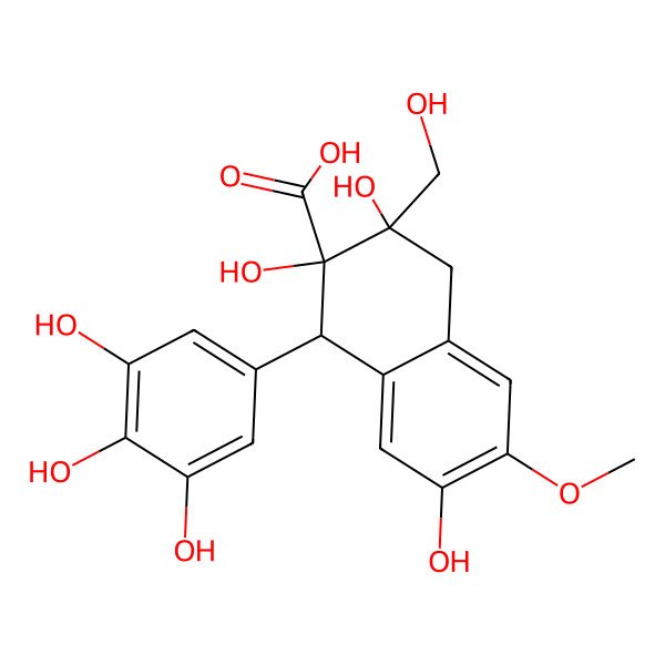 2D Structure of 2,3,7-Trihydroxy-3-(hydroxymethyl)-6-methoxy-1-(3,4,5-trihydroxyphenyl)-1,4-dihydronaphthalene-2-carboxylic acid