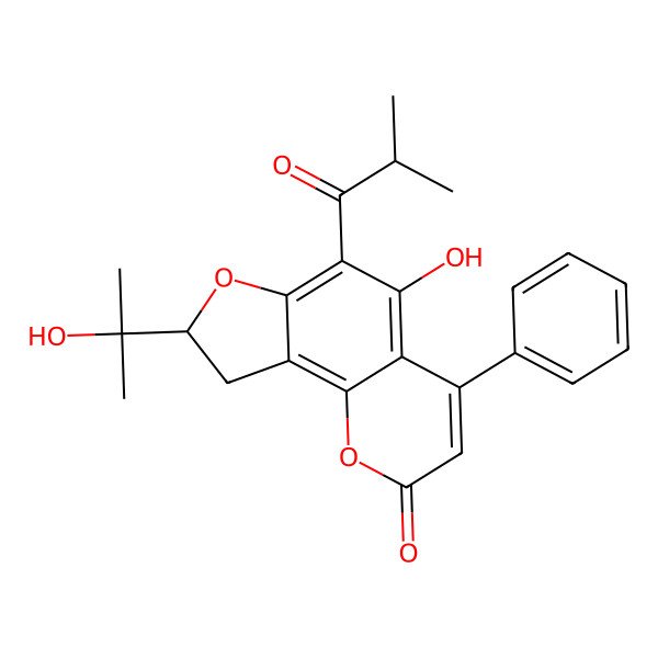 2D Structure of (8S)-5-hydroxy-8-(1-hydroxy-1-methyl-ethyl)-6-(2-methylpropanoyl)-4-phenyl-8,9-dihydrofuro[2,3-h]chromen-2-one