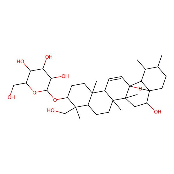 2D Structure of 2-[[2-Hydroxy-9-(hydroxymethyl)-4,5,9,13,19,20-hexamethyl-24-oxahexacyclo[15.5.2.01,18.04,17.05,14.08,13]tetracos-15-en-10-yl]oxy]-6-(hydroxymethyl)oxane-3,4,5-triol