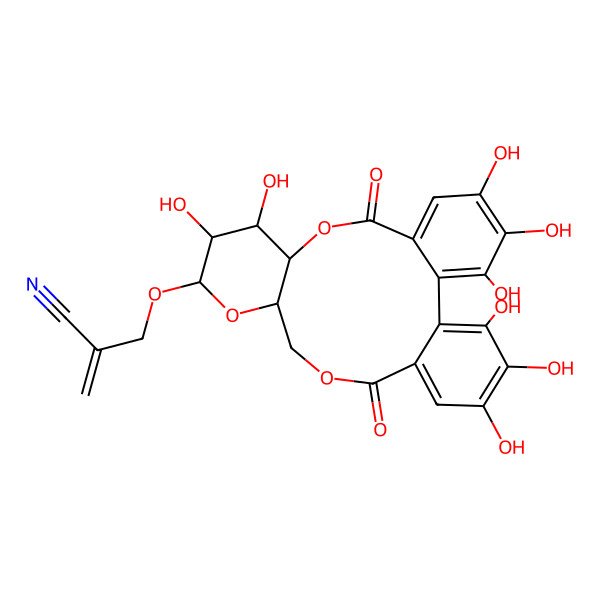 2D Structure of 2-[[(10S,11R,12R,13R,15R)-3,4,5,11,12,21,22,23-octahydroxy-8,18-dioxo-9,14,17-trioxatetracyclo[17.4.0.02,7.010,15]tricosa-1(23),2,4,6,19,21-hexaen-13-yl]oxymethyl]prop-2-enenitrile