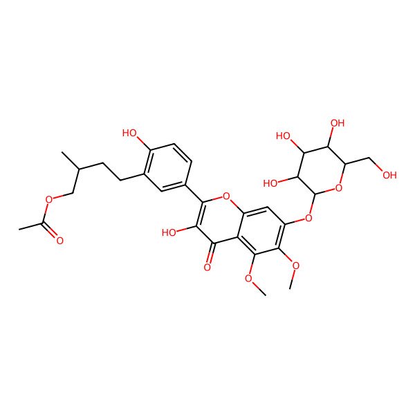2D Structure of [(2S)-4-[2-hydroxy-5-[3-hydroxy-5,6-dimethoxy-4-oxo-7-[(2R,3R,4S,5S,6R)-3,4,5-trihydroxy-6-(hydroxymethyl)oxan-2-yl]oxychromen-2-yl]phenyl]-2-methylbutyl] acetate