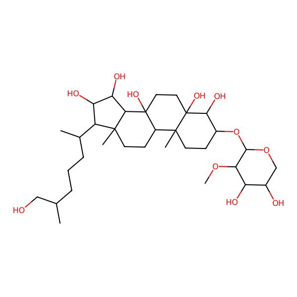 2D Structure of (3S,4S,5S,8S,9R,10R,13R,14S,15R,16R,17R)-3-[(2S,3R,4S,5R)-4,5-dihydroxy-3-methoxyoxan-2-yl]oxy-17-[(2R,6S)-7-hydroxy-6-methylheptan-2-yl]-10,13-dimethyl-2,3,4,6,7,9,11,12,14,15,16,17-dodecahydro-1H-cyclopenta[a]phenanthrene-4,5,8,15,16-pentol