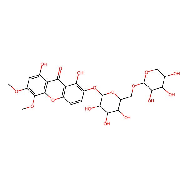 2D Structure of 1,8-Dihydroxy-5,6-dimethoxy-2-[3,4,5-trihydroxy-6-[(3,4,5-trihydroxyoxan-2-yl)oxymethyl]oxan-2-yl]oxyxanthen-9-one