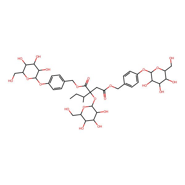 2D Structure of bis[[4-[(2S,3R,4S,5S,6R)-3,4,5-trihydroxy-6-(hydroxymethyl)oxan-2-yl]oxyphenyl]methyl] (2S)-2-[(2S)-butan-2-yl]-2-[(2S,3R,4S,5S,6R)-3,4,5-trihydroxy-6-(hydroxymethyl)oxan-2-yl]oxybutanedioate