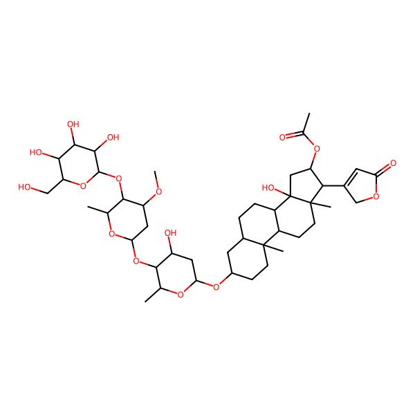 2D Structure of [(3S,5R,8R,9S,10S,13R,14S,16S,17R)-14-hydroxy-3-[(2R,4S,5S,6R)-4-hydroxy-5-[(2S,4S,5R,6R)-4-methoxy-6-methyl-5-[(2S,3R,4S,5S,6R)-3,4,5-trihydroxy-6-(hydroxymethyl)oxan-2-yl]oxyoxan-2-yl]oxy-6-methyloxan-2-yl]oxy-10,13-dimethyl-17-(5-oxo-2H-furan-3-yl)-1,2,3,4,5,6,7,8,9,11,12,15,16,17-tetradecahydrocyclopenta[a]phenanthren-16-yl] acetate