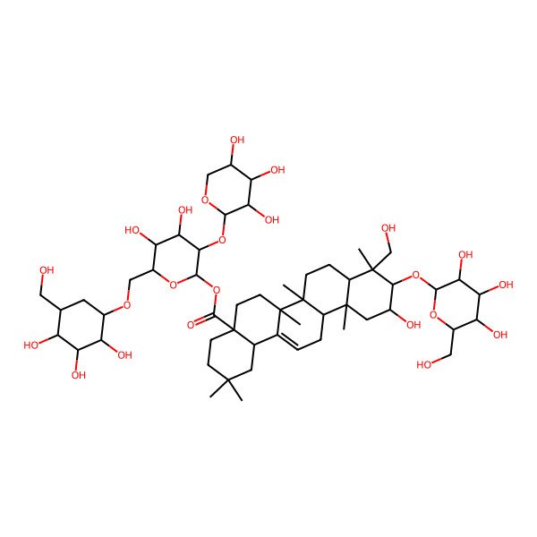 2D Structure of [4,5-Dihydroxy-6-[[2,3,4-trihydroxy-5-(hydroxymethyl)cyclohexyl]oxymethyl]-3-(3,4,5-trihydroxyoxan-2-yl)oxyoxan-2-yl] 11-hydroxy-9-(hydroxymethyl)-2,2,6a,6b,9,12a-hexamethyl-10-[3,4,5-trihydroxy-6-(hydroxymethyl)oxan-2-yl]oxy-1,3,4,5,6,6a,7,8,8a,10,11,12,13,14b-tetradecahydropicene-4a-carboxylate