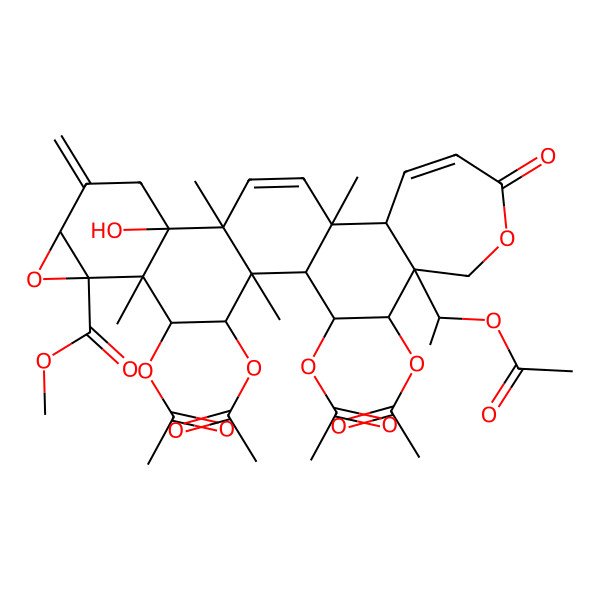 2D Structure of methyl (1S,2R,3S,4R,5R,6S,8R,11R,12R,15S,16S,22R,23R,24S)-3,4,23,24-tetraacetyloxy-22-[(1S)-1-acetyloxyethyl]-11-hydroxy-2,5,12,15-tetramethyl-9-methylidene-19-oxo-7,20-dioxahexacyclo[13.9.0.02,12.05,11.06,8.016,22]tetracosa-13,17-diene-6-carboxylate