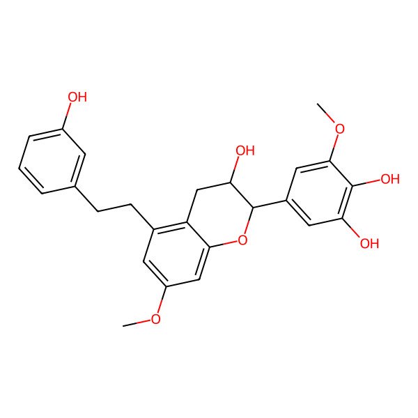 2D Structure of 5-[(2R,3S)-3-hydroxy-5-[2-(3-hydroxyphenyl)ethyl]-7-methoxy-3,4-dihydro-2H-chromen-2-yl]-3-methoxybenzene-1,2-diol