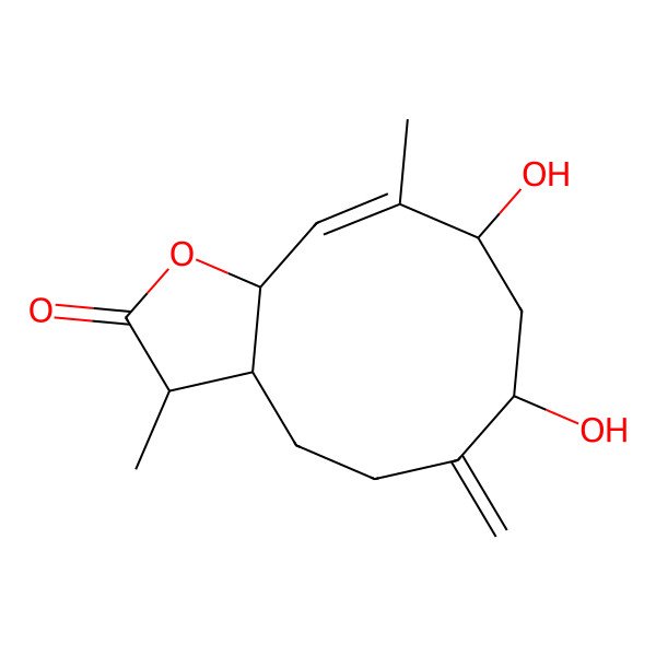 2D Structure of (3S,3aS,7R,9S,10Z,11aS)-7,9-dihydroxy-3,10-dimethyl-6-methylidene-3,3a,4,5,7,8,9,11a-octahydrocyclodeca[b]furan-2-one