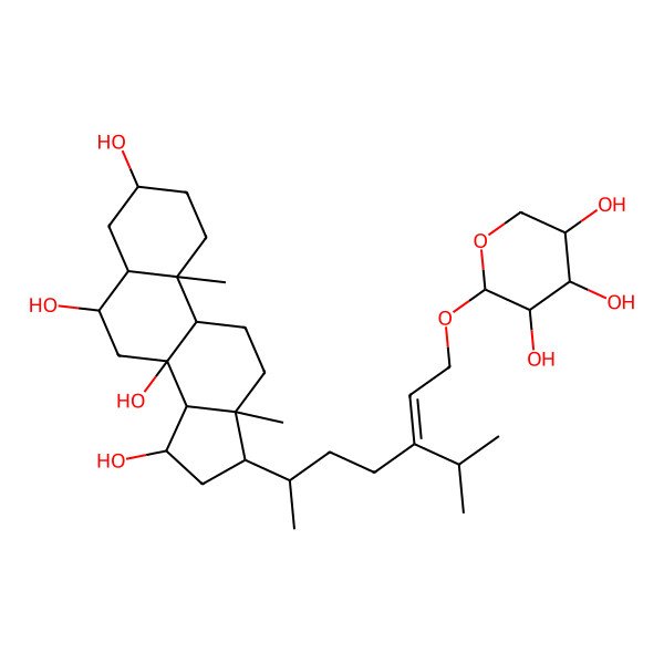 2D Structure of (3S,5S,6S,8S,9R,10S,13R,14S,15R,17R)-10,13-dimethyl-17-[(E,2R)-5-propan-2-yl-7-[(2R,3R,4S,5R)-3,4,5-trihydroxyoxan-2-yl]oxyhept-5-en-2-yl]-1,2,3,4,5,6,7,9,11,12,14,15,16,17-tetradecahydrocyclopenta[a]phenanthrene-3,6,8,15-tetrol