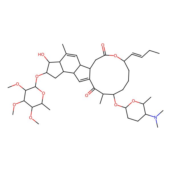 2D Structure of (1S,2S,5R,6S,7S,9S,10S,14R,15S,19R)-19-[(E)-but-1-enyl]-15-[(2R,5S,6R)-5-(dimethylamino)-6-methyloxan-2-yl]oxy-6-hydroxy-4,14-dimethyl-7-[(2S,3R,4R,5S,6S)-3,4,5-trimethoxy-6-methyloxan-2-yl]oxy-20-oxatetracyclo[10.10.0.02,10.05,9]docosa-3,11-diene-13,21-dione