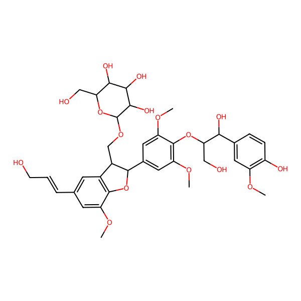2D Structure of (2R,3R,4S,5S,6R)-2-[[(2S,3R)-2-[4-[(1R,2S)-1,3-dihydroxy-1-(4-hydroxy-3-methoxyphenyl)propan-2-yl]oxy-3,5-dimethoxyphenyl]-5-[(E)-3-hydroxyprop-1-enyl]-7-methoxy-2,3-dihydro-1-benzofuran-3-yl]methoxy]-6-(hydroxymethyl)oxane-3,4,5-triol