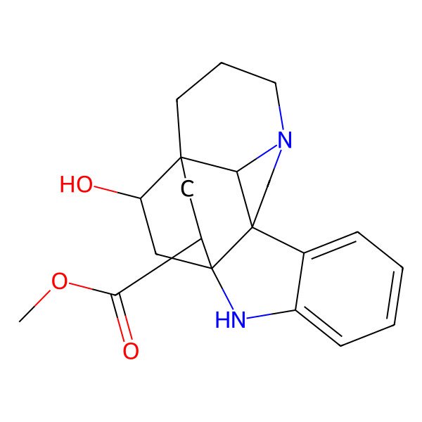 2D Structure of Methyl 20-hydroxy-2,12-diazahexacyclo[14.2.2.19,12.01,9.03,8.016,21]henicosa-3,5,7-triene-18-carboxylate