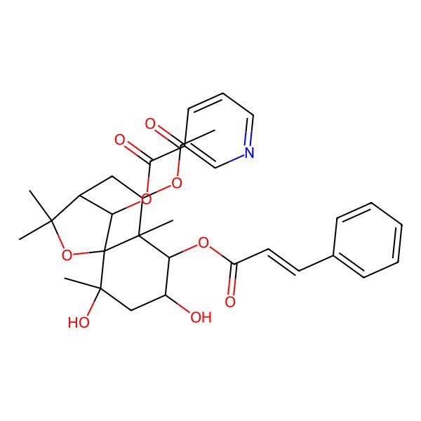 2D Structure of [(1S,2S,4R,5R,6R,7S,9R,12S)-7-acetyloxy-2,4-dihydroxy-2,6,10,10-tetramethyl-5-[(E)-3-phenylprop-2-enoyl]oxy-11-oxatricyclo[7.2.1.01,6]dodecan-12-yl] pyridine-3-carboxylate