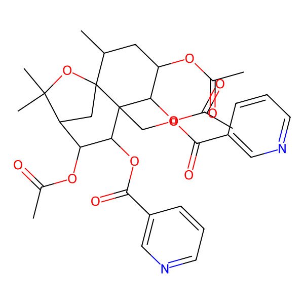 2D Structure of [(1S,2R,4S,5R,6S,7S,8S,9S)-4,5,8-triacetyloxy-2,10,10-trimethyl-7-(pyridine-3-carbonyloxy)-11-oxatricyclo[7.2.1.01,6]dodecan-6-yl]methyl pyridine-3-carboxylate