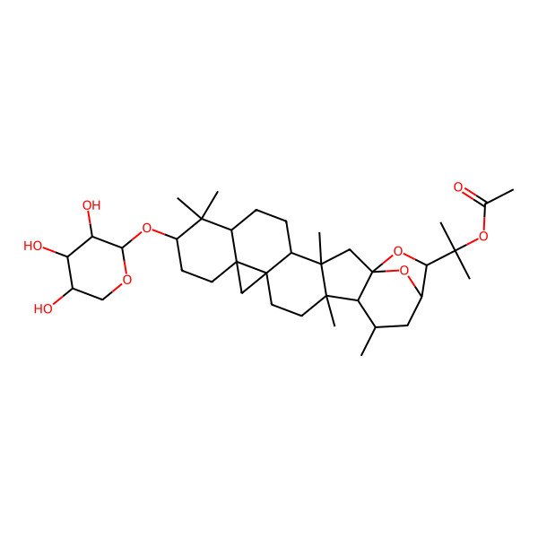 2D Structure of 2-[(1R,3S,4S,7R,9S,12R,14S,17R,18R,19R,21R,22S)-3,8,8,17,19-pentamethyl-9-[(2S,3R,4S,5R)-3,4,5-trihydroxyoxan-2-yl]oxy-23,24-dioxaheptacyclo[19.2.1.01,18.03,17.04,14.07,12.012,14]tetracosan-22-yl]propan-2-yl acetate