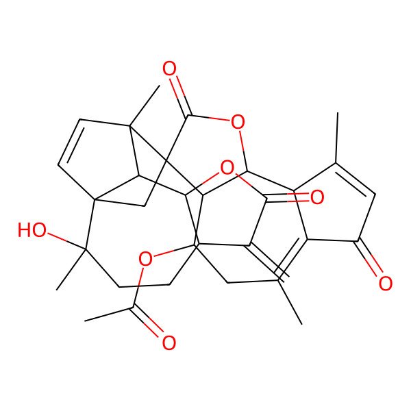 2D Structure of [(2'S,3aR,5'R,9'S,9aS,9bR,10'S)-2'-hydroxy-2',6,9,11'-tetramethyl-6'-methylidene-2,7,7'-trioxospiro[4,5,9a,9b-tetrahydro-3aH-azuleno[4,5-b]furan-3,15'-8-oxatetracyclo[9.2.2.01,10.05,9]pentadec-12-ene]-4-yl] acetate